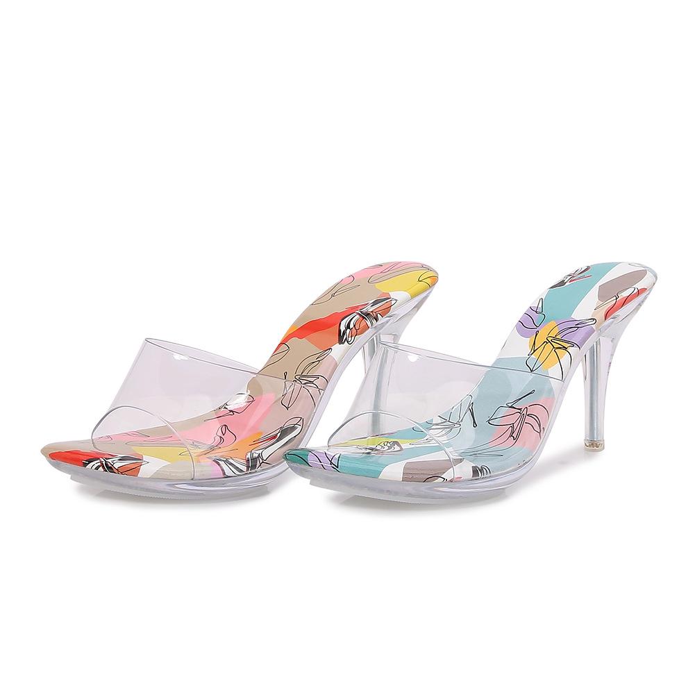 Summer Open-toed High Heels Outer Wear Temperament Colored Cool Slippers Crystal Transparent Large Size Sandals Supply