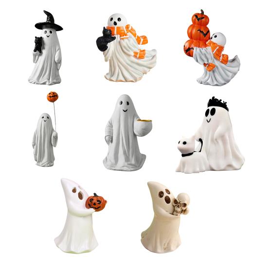 Halloweenská figurka duch Bílý duch držící dýni Kočka Strašidelná pryskyřičná ozdoba Rytá Halloweenská dekorace