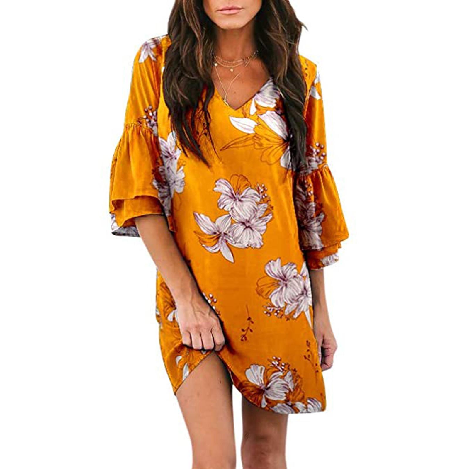 Women Fashion Printed Loose Dress Short Sleeve V-Neck Dress L золотой