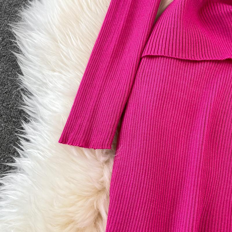 RUGOD Jarní a podzimní nové Retro elegantní a sexy Slim Fit Pletené šaty s dlouhým rukávem a výstřihem do V