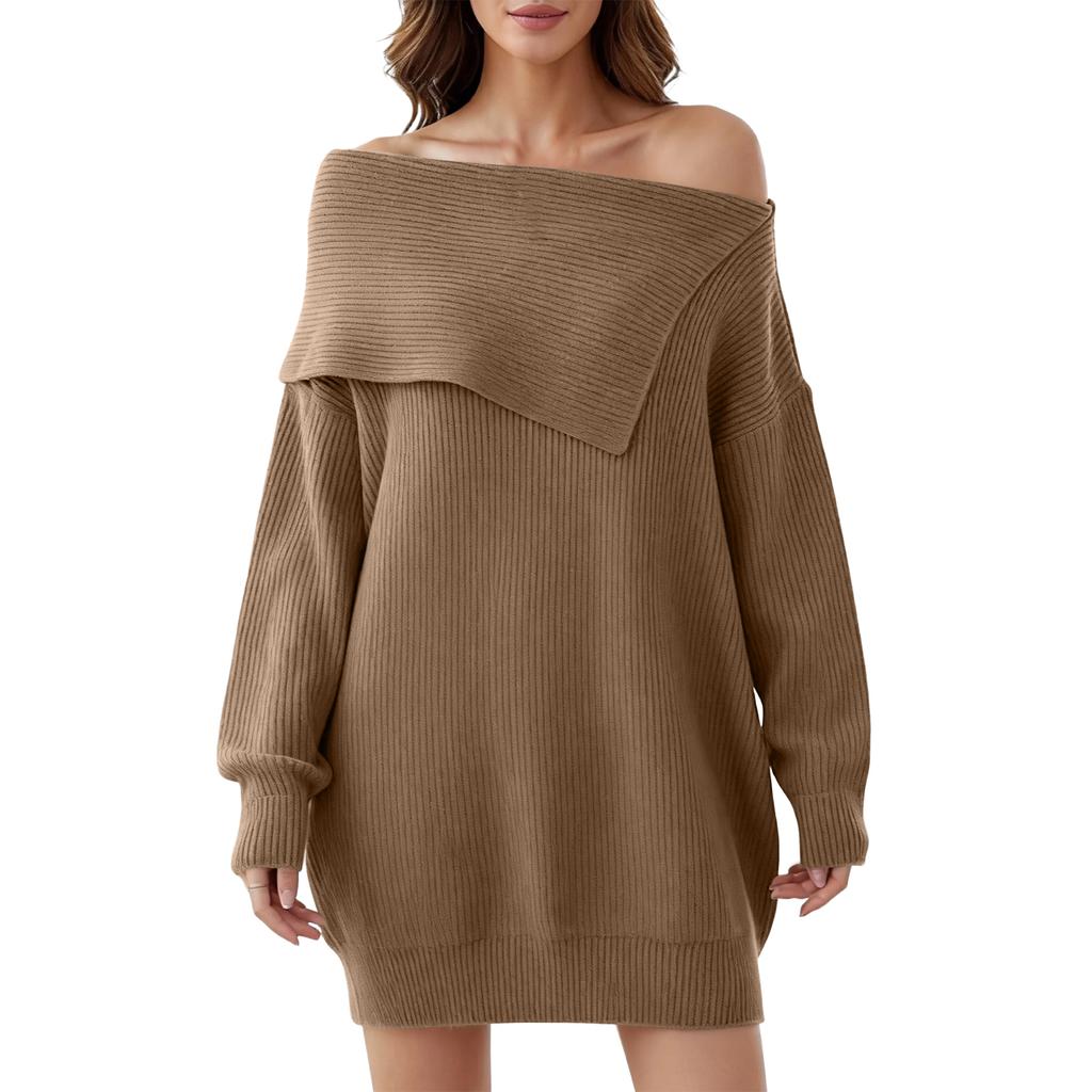 Damen Strickkleid mit umgeklapptem Kragen, schulterfrei, lange Ärmel