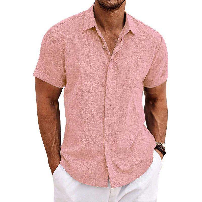 

Men s Double-Breasted Short-Sleeve Cotton-Linen Shirt L розовый