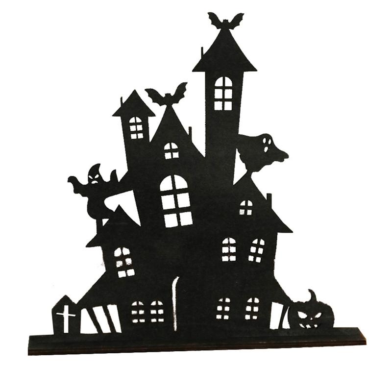 M-Modern-Halloween Wooden Ornaments Decorative Wooden Silhouette Sketch Haunted House Desktop Decoration