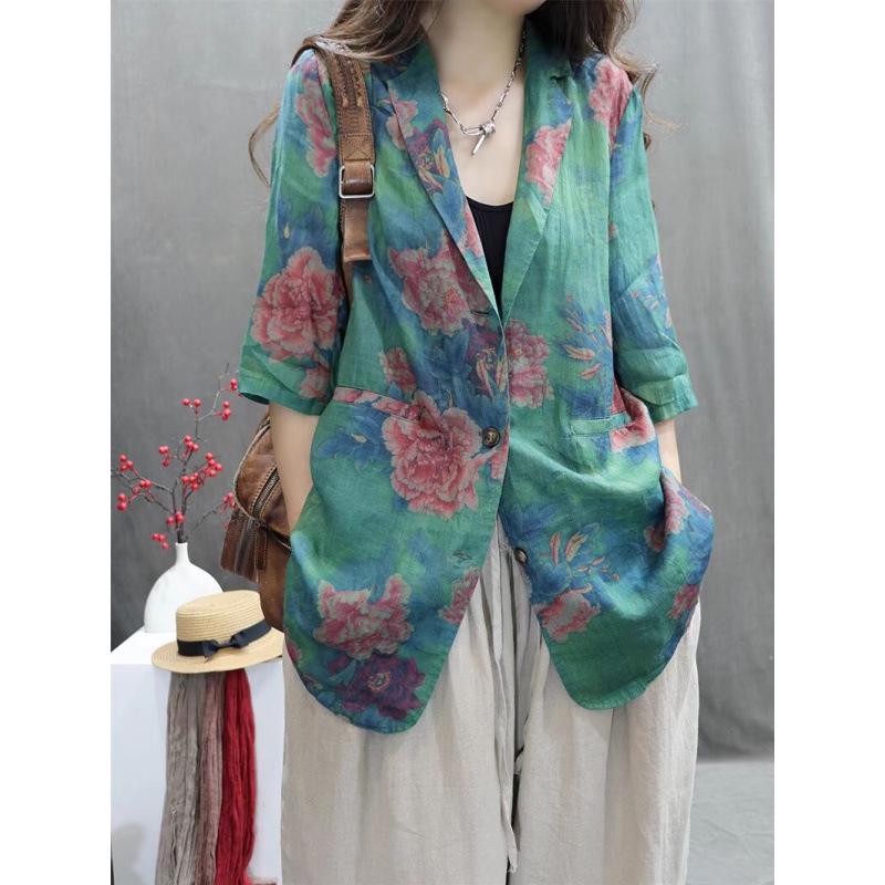 Women s Retro Print Cotton Linen Mid-Sleeve Suit: Stylish & Versatile Casual Wear L зелёный