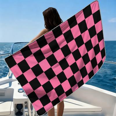 Pink Black Checkerboard Beach Towel Ultra-fine Fiber Quick Drying Absorbent Beach Swimming Vacationvacation Essentials Gifts