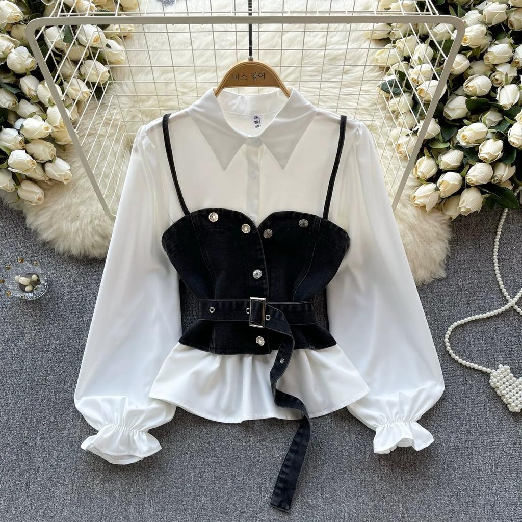 Koreanische Serie Tragen Alter-Reduzierung Set Retro Denim Cami Gestapelt Alle-Matching Puff Sleeve Shirts Zwei-stück Set Top