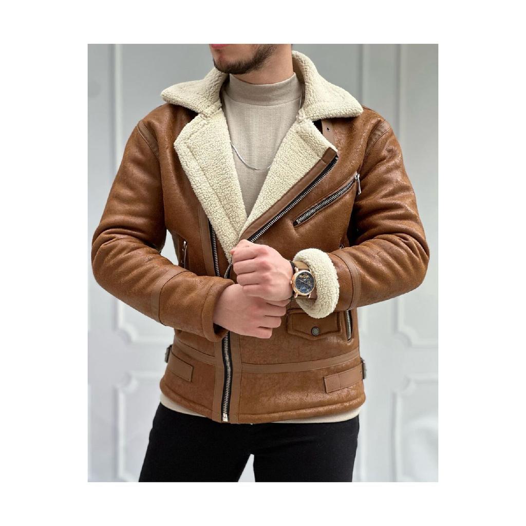 Men's Stone White Napa Leather Coat With Full Shearling Inside Northern Model Coat