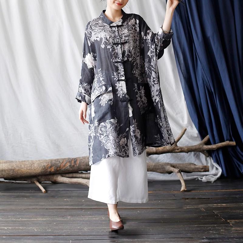 Women's Ethnic Print Retro Stand Collar Midi Shirt with Frog Button, Sun Protection, Loose Fit, Plus Size Outerwear.