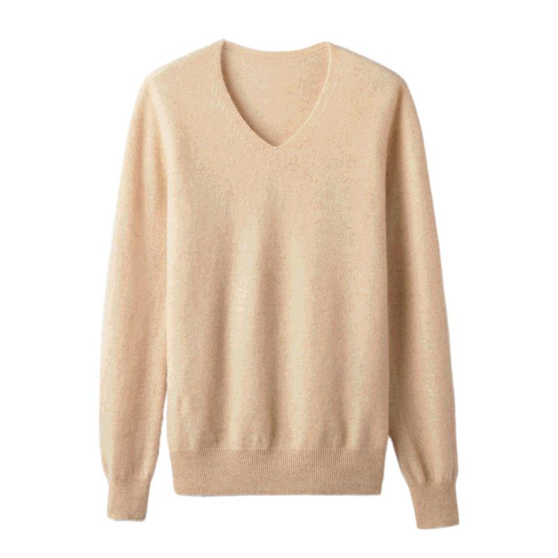 Women's Solid Color Cashmere V-Neck Pullover Sweater - Versatile, Seamless Knit Base Layer