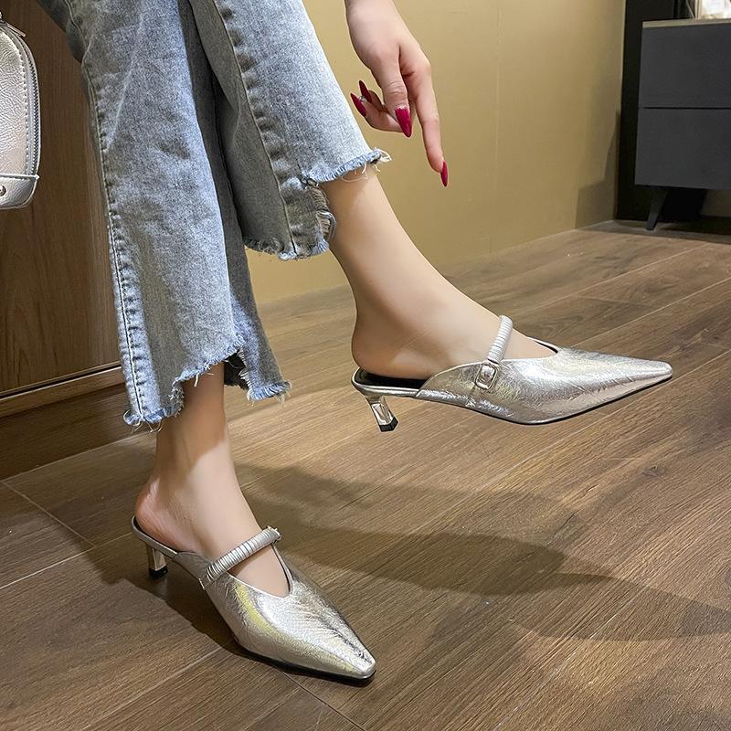 Versatile Temperament Baotou Sandals Women's Outer Wear Pointed Toe Thin Heel Half Slippers Medium Heel Mueller Shoes High Heels