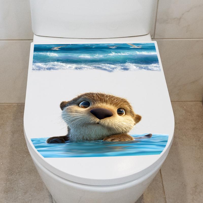 Cute Sea Otter Ocean Wave Toilet Lid Tank Self Adhesive Removable Sticker Waterproof Bathroom Decor Decal