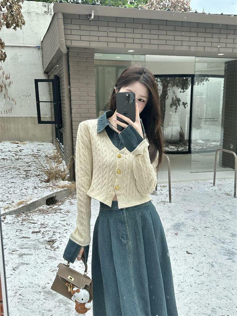 Dámská elegantní džínová patchworková souprava: Pletený top s dlouhým rukávem a midi sukně s vysokým pasem