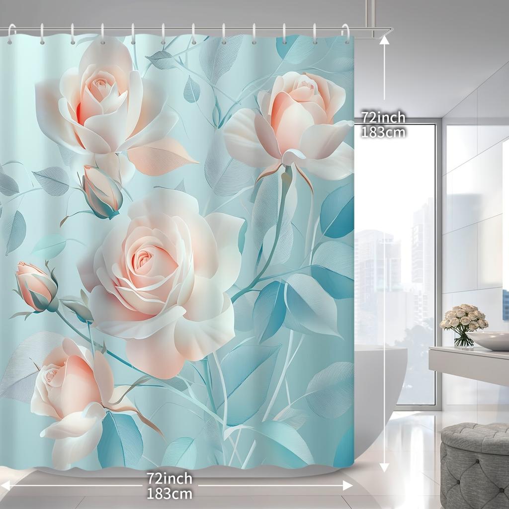Luxury Waterproof Shower Curtain Floral Roses Pink and Blue Tropical Botanical Print Bathroom Home Decor Liners