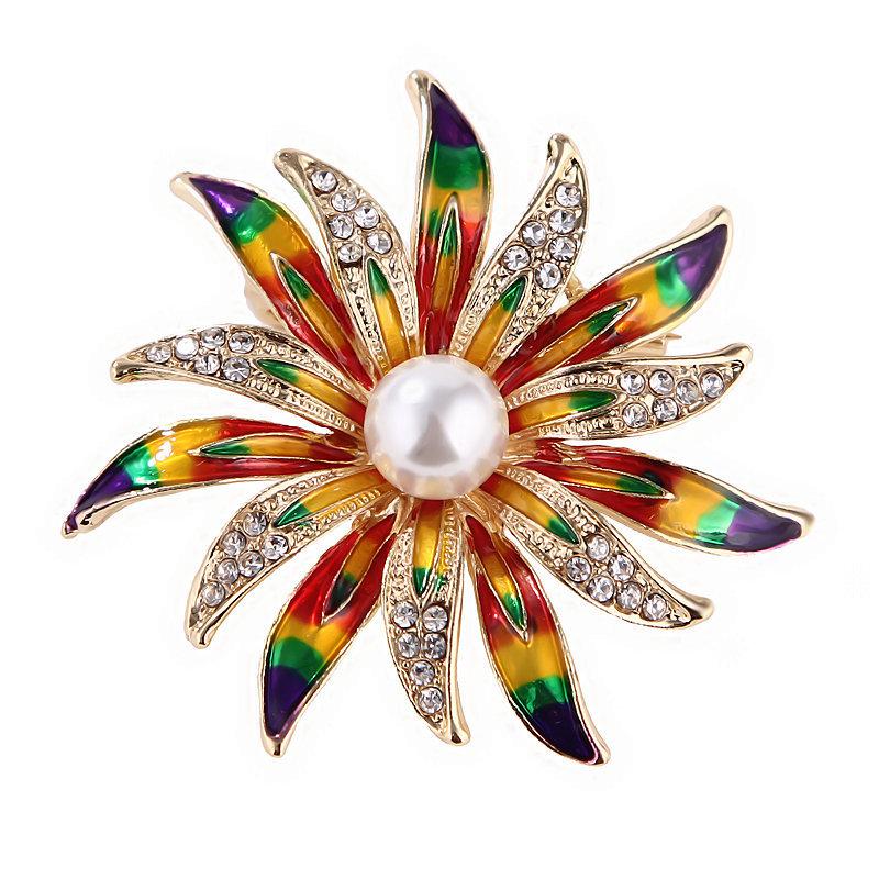 Hand-Painted Sunflower Pearl Brooch Lapel Pin Scarf Buckle, Korean Fashion Style Zhenyao Jewelry