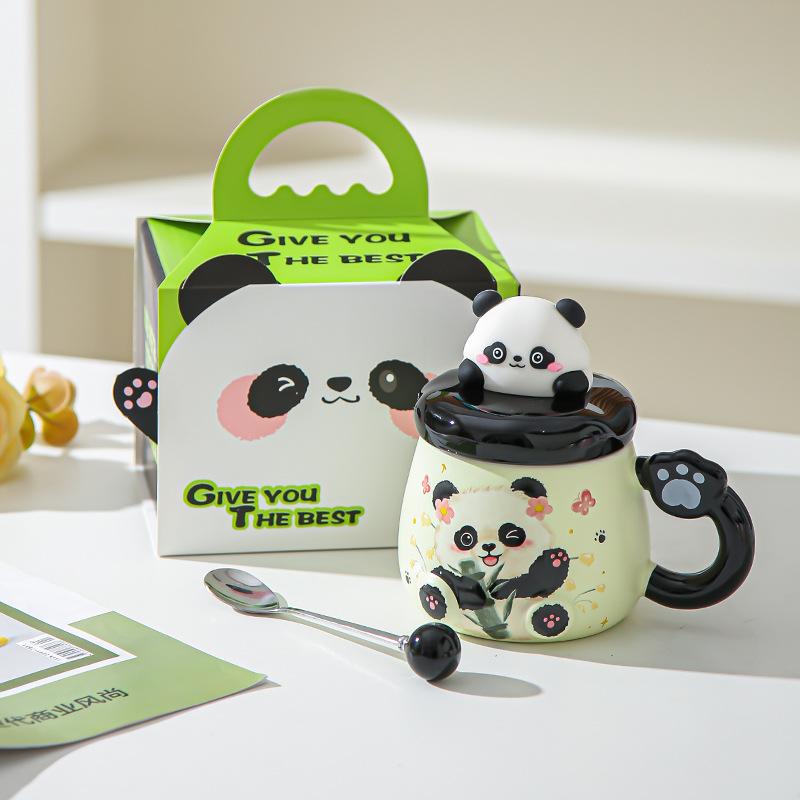 Cartoon Panda Mug with Lid Girl Cute Ceramic Office Home Couple Drinking Water Souvenir Birthday Gift