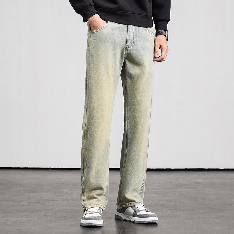 FAPAI Men's Washed Straight-Leg Cotton Jeans