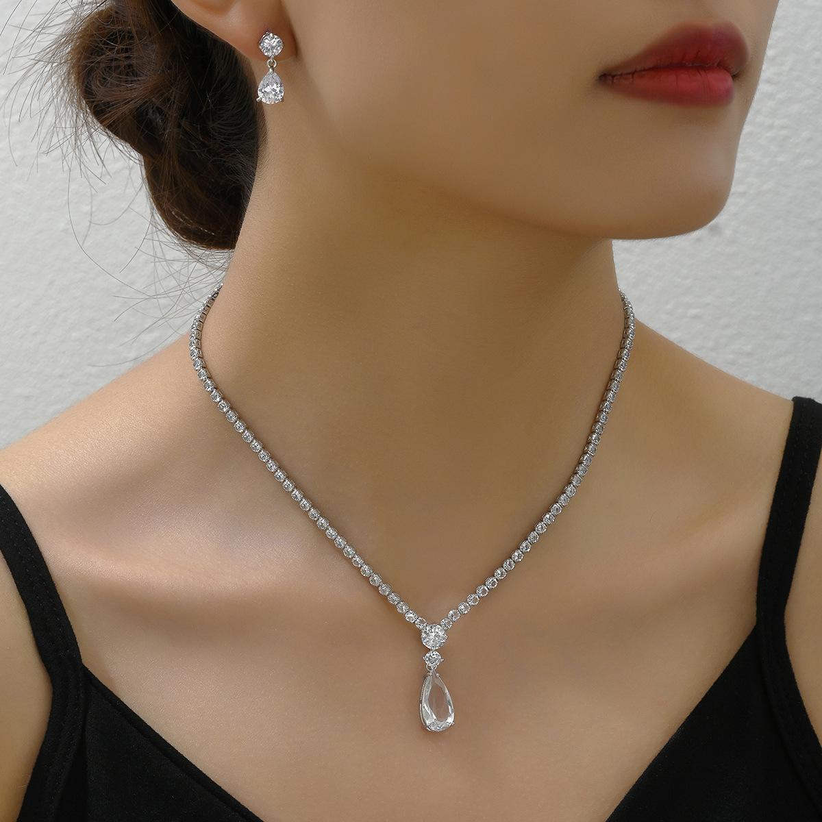 

Simple small and fresh women s earrings necklace set inlaid with zircon water drop earrings versatile collarbone chain