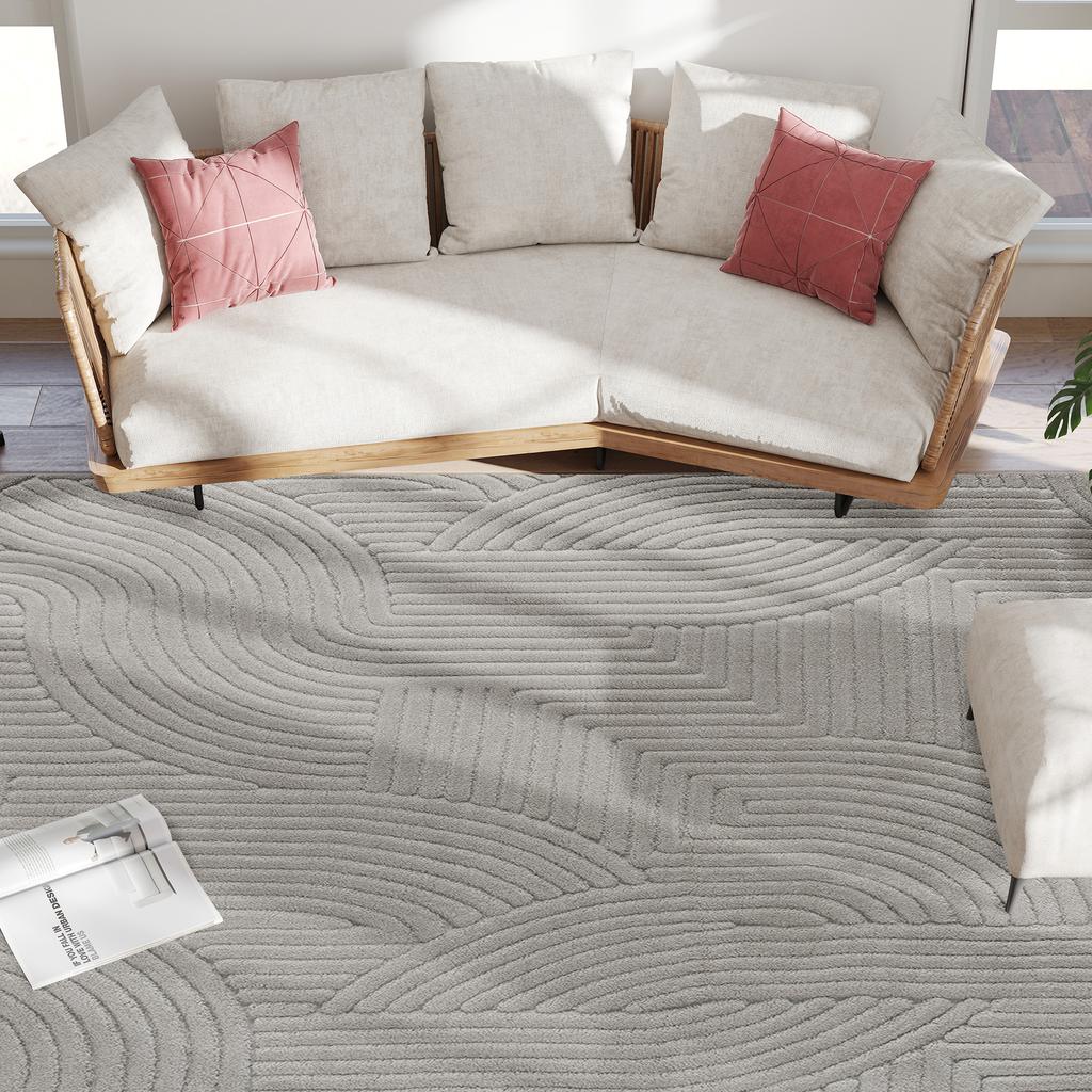 Living Room Rug, Thick Pile Geometric, Non-Slip, 160 x 120 cm, Grey