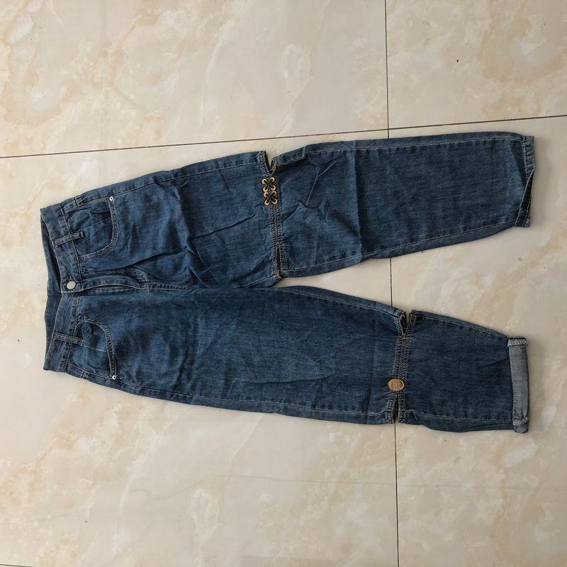 

American Style Hollow-out Daddy Pants Summer and Autumn New Foreign Trade Women clothes High Waist Zip-up Button Capri Thin Jeans 32170 Blue A- 2-11-2 XL