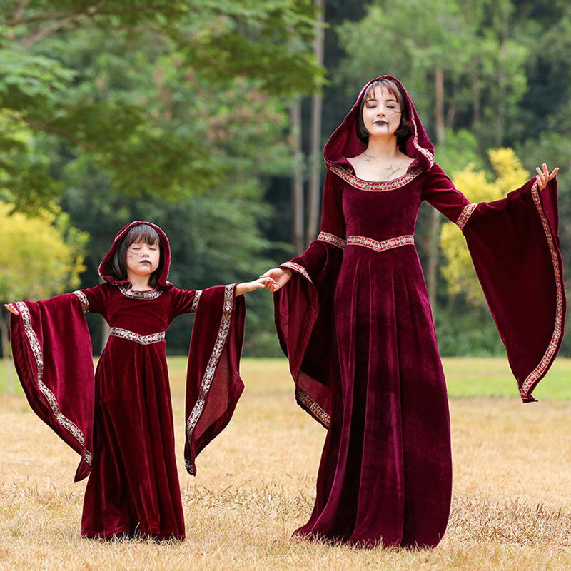 Medieval Vampire Witch Hooded Wine Red Dress Cosplay Halloween Carnival Costume