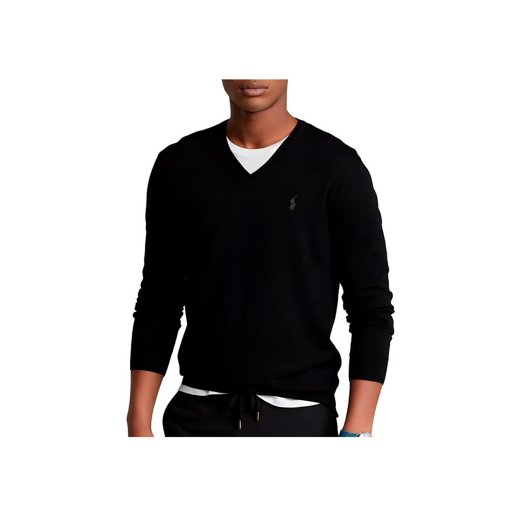 Pulover Tricotat cu Gât în V, Lavabil, cu Logo Pony Mic Brodat Polo Ralph Lauren Bărbați pulover Negru MNPOSWE16820069-001