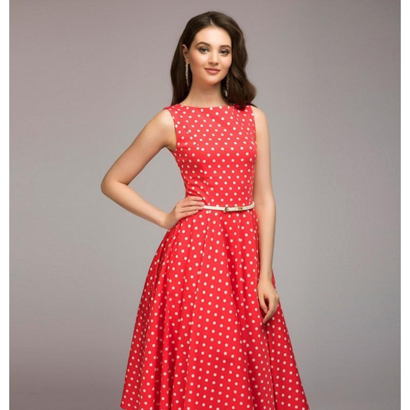 Dámské letní vintage midi šaty bez rukávů s puntíkovaným potiskem, retro áčkové, volnočasové, na párty, večerní šaty pro ženy