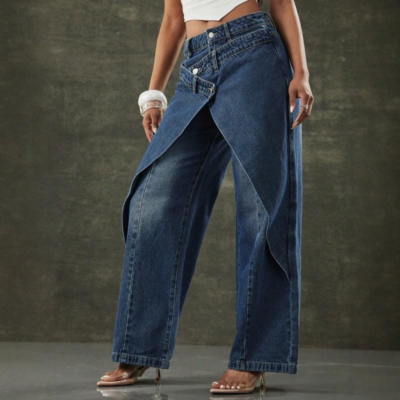 Womens High Waist Wide Leg Jeans Dark Blue Cross Design Straight Long Pants