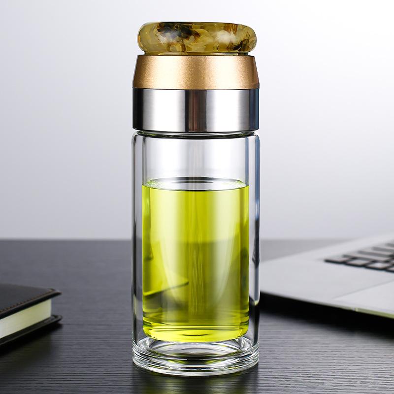 בקבוק מי תה גבוה בורוסיליקט זכוכית כפולה שכבתית כוס מי תה כוס מי תה כוס משקה בקבוק מים עם מסנן תה