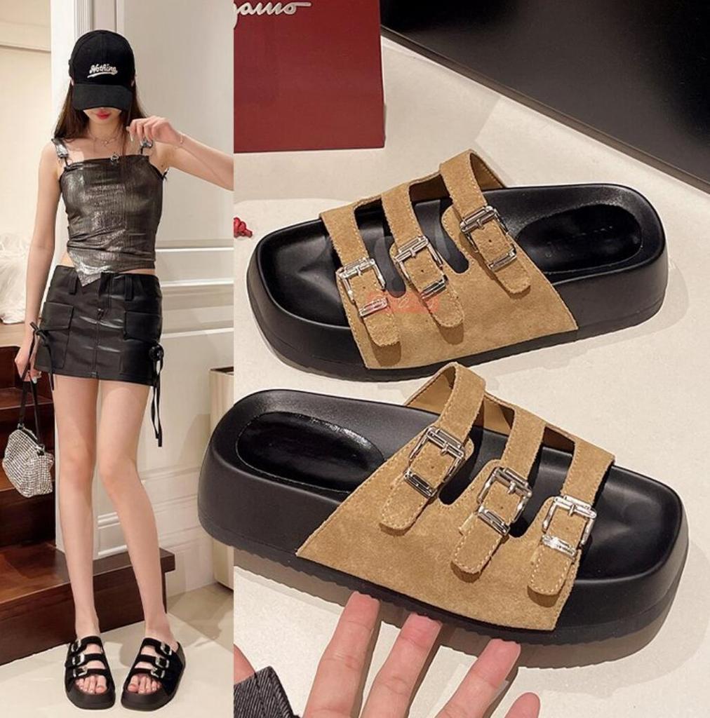 Fashion Retro Classic Thick-soled Slippers For Women New Fashion Suede Platform Sandals Summer Belt Buckle Beach Slides Woman Shoes