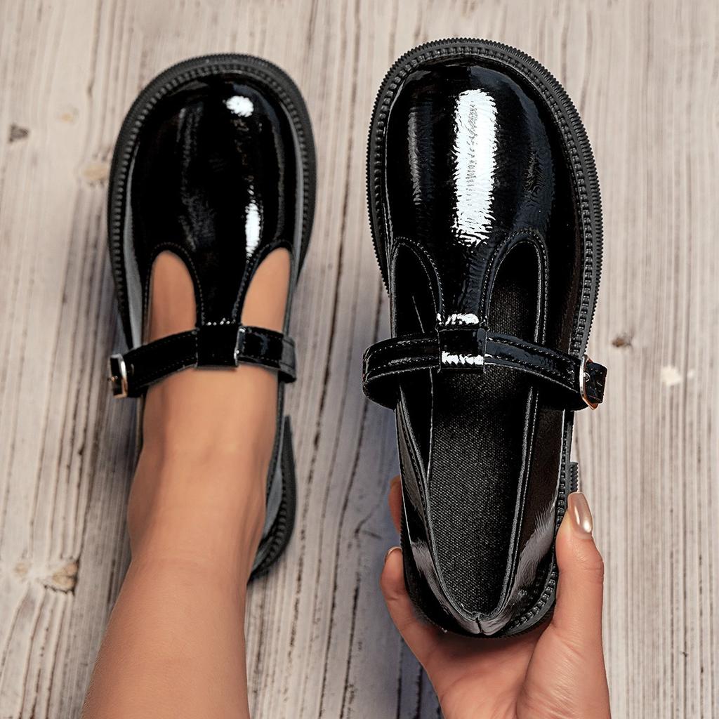 22 Round Head Belt Buckle Single Shoes, New Fairy Style British Style Small Leather Shoes, Flat Thick Heel