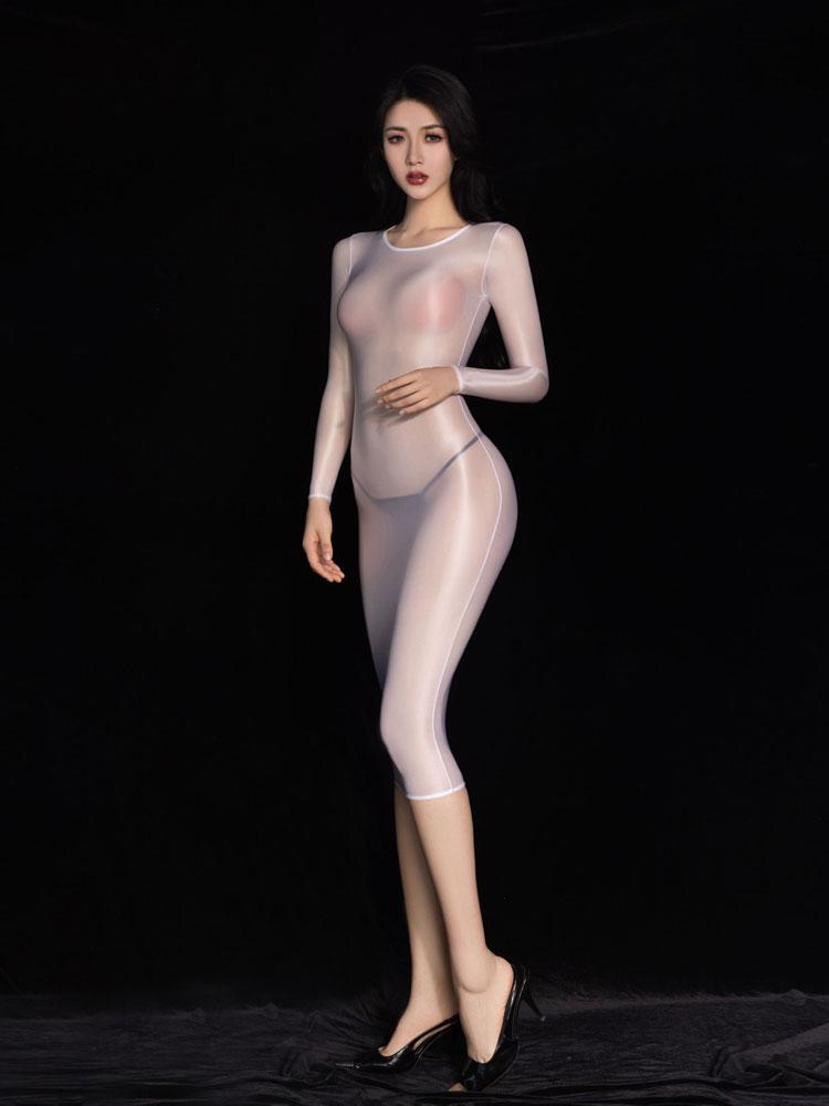 Sexy Women Sheer See Through Bodycon Micro Mini Dress Oil Glossy Shiny Tight Dress Female Glossy High Elastic Hip Up Dress