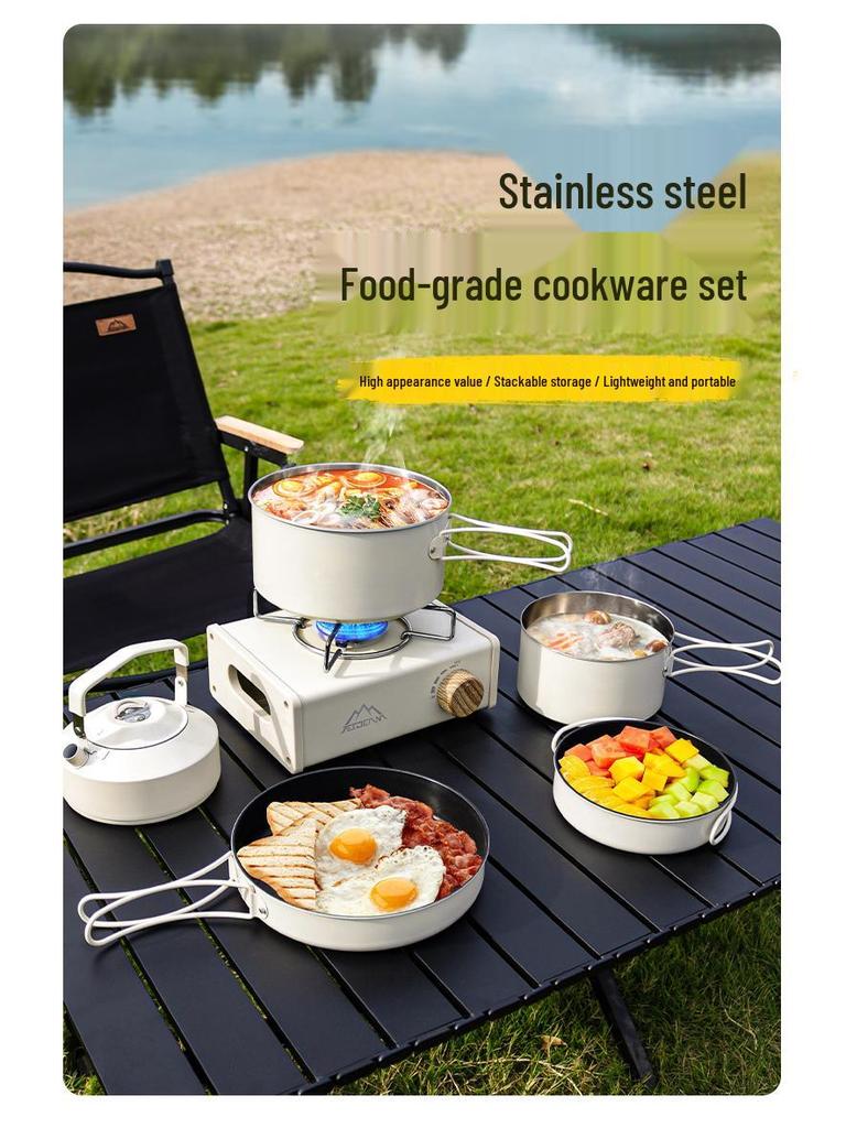 JETBeam 304 Stainless Steel Camping Cookware Set: Includes Outdoor Kettle and Pots for Camping and Picnicking.