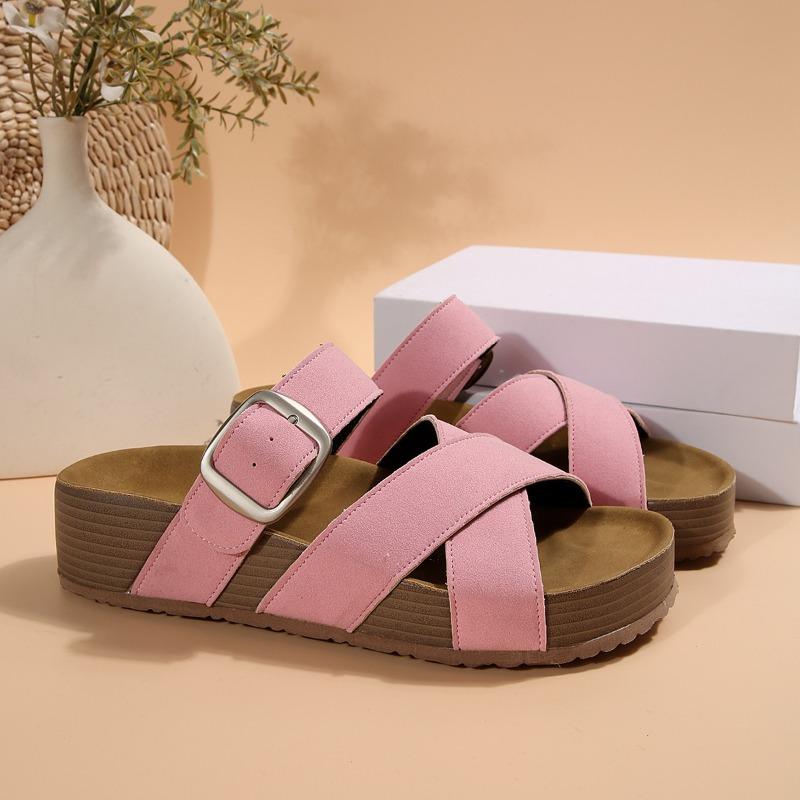 Sandálias Rasteirinhas de Tiras Cruzadas Tamanho Plus Feminino, Slides Casuais de Plataforma para o Verão
