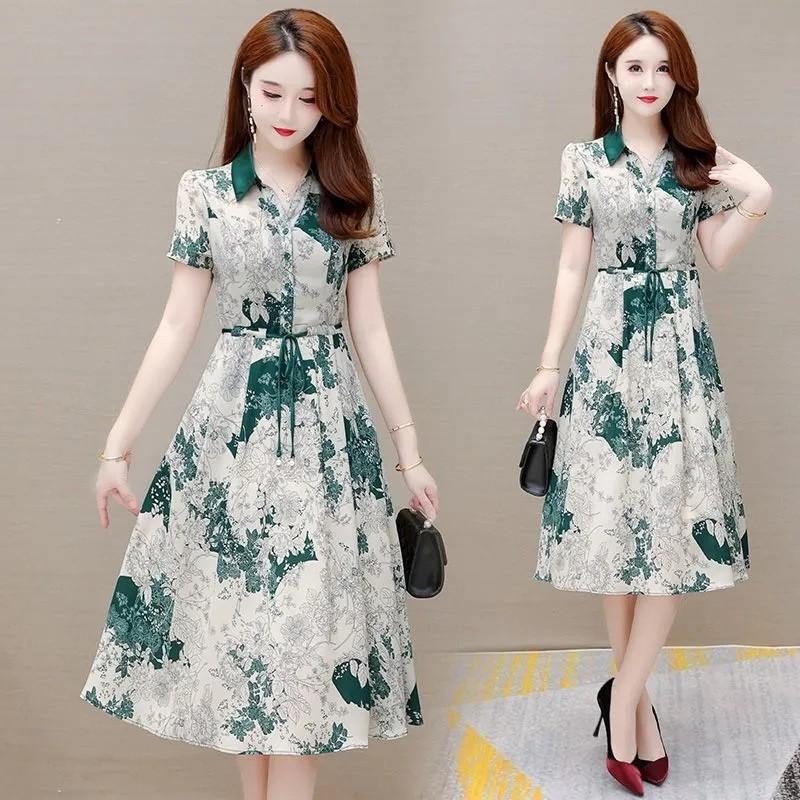 

Korean version of foreign style printing dress for women, summer new waist and thin temperament women s high waist lace-up dress M зелёный