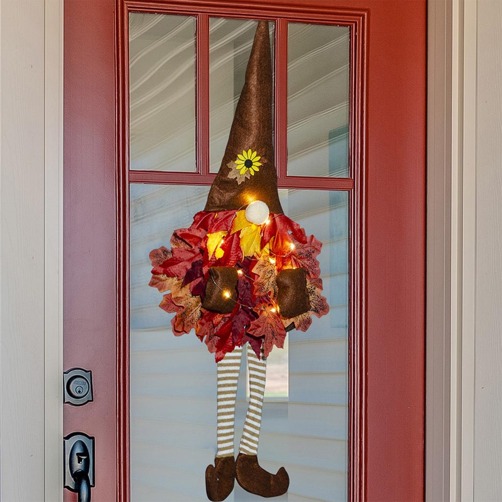 LED Fall Wreath Thanksgiving Long Leg Dwarf Wreaths Ornament With Maple Leaves Faceless Old Man Autumns Decorations For Front Door, Porch, Window