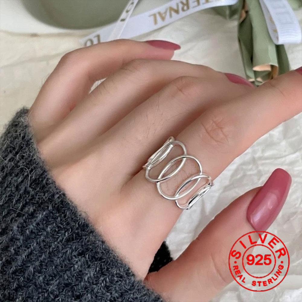 

BF CLUB Silver Color Rings for Women Fashion Geometric Handmade Irregular Circle White Stone Ring Party Christmas Gift