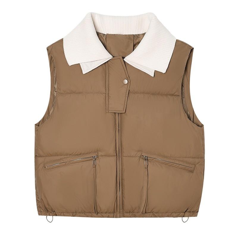 PU knitted collar down cotton vest women's autumn and winter short loose cotton vest cotton jacket vest stand collar vest outside