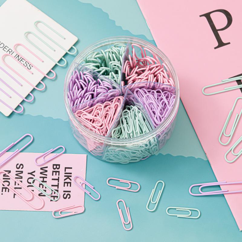 Colorful Multi-Size Paper Clips Set with Six-Grid Storage Barrel