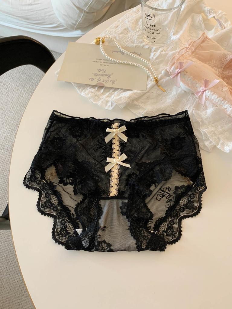 Ladies Summer Sexy Lace Bow Soft Pure Net Yarn Pure Cotton File High Waist Briefs