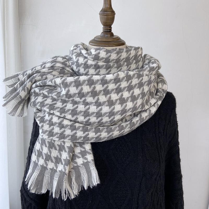 

Шикарный шарф с узором «гусиная лапка» для женщин — уютный, теплый и стильный с кисточками | Идеально подходит для осени/зимы 70*200cm