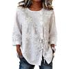2026 New Style Loose Embroidered Shirt for Women, Tie-Waist, Three-Quarter Sleeve, Cotton-Linen Top, Spring Casual Women's Clothing