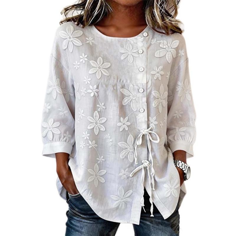 2026 New Style Loose Embroidered Shirt for Women, Tie-Waist, Three-Quarter Sleeve, Cotton-Linen Top, Spring Casual Women's Clothing