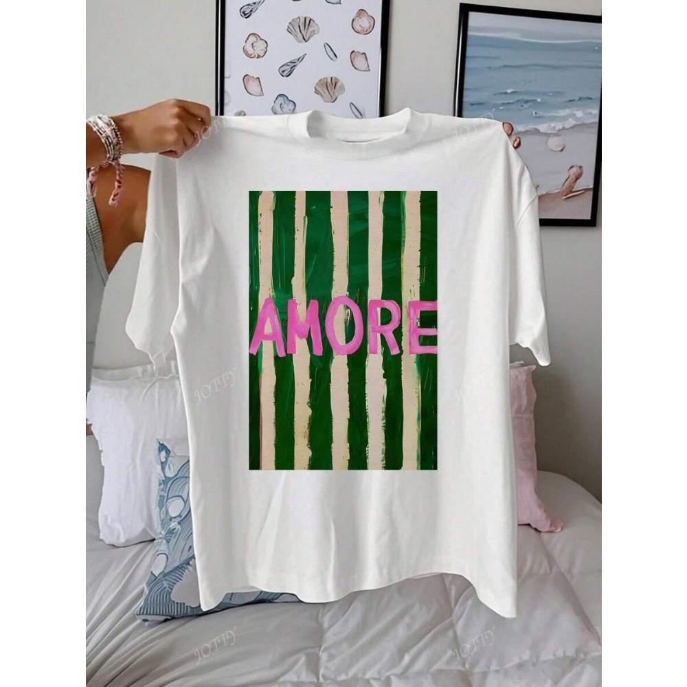 AMORE Striped Art Pattern Summer Outfits Women Casual Round Neck Short Sleeve T-Shirt Tops