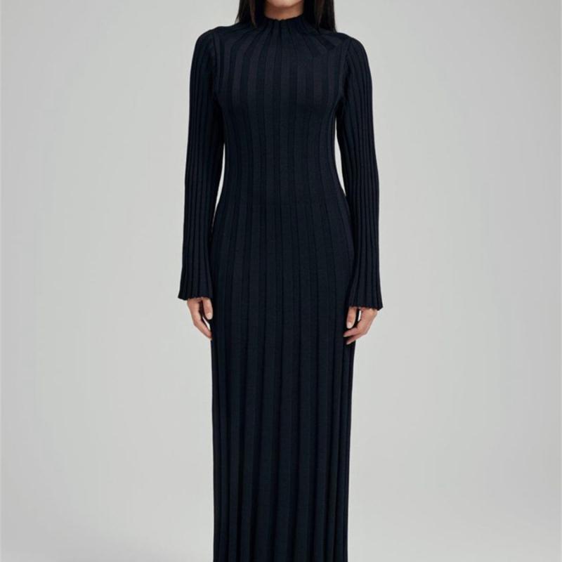 Elegant Turtleneck Knitted Sweater Dress for Women Fashion Long Sleeve Slim Casual Maxi Dress Fall Winter Holidays Party Dress
