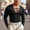Tricou pentru bărbați cu decolteu adânc în V, cu mânecă lungă, croială musculară, cu decupaje, topuri, maiouri