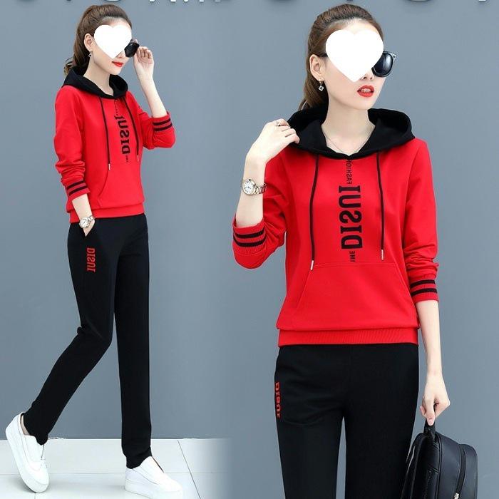 Women's Casual Red Hooded Sweatshirt & Running Pants Set - Spring/Autumn Versatile Two-Piece Outfit