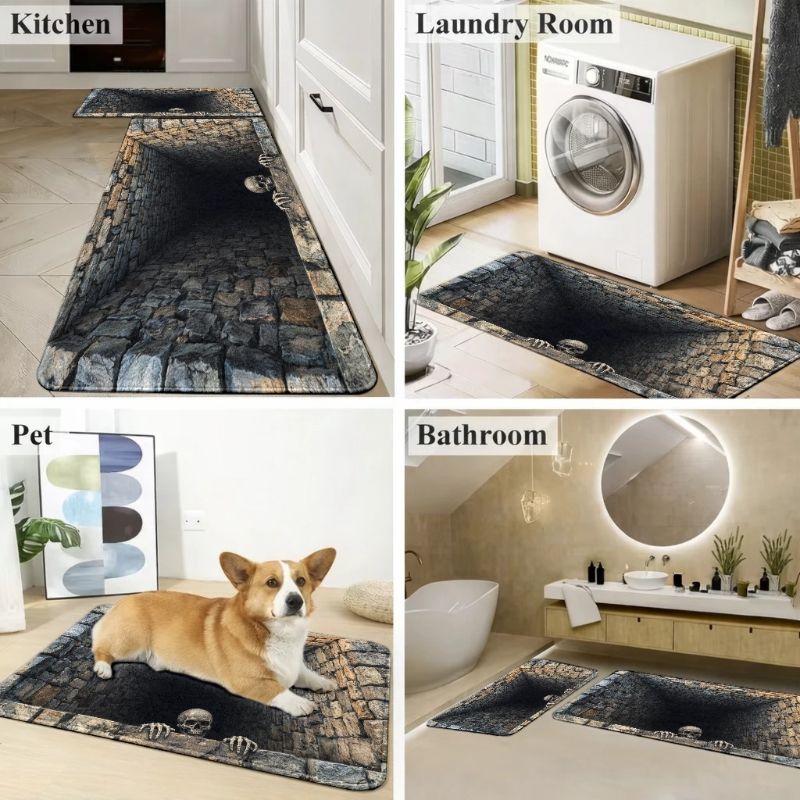 3D Visual Trap Skeleton Deep Pit Door Mat, Spooky Non-Slip Entry Rug, Gothic Aesthetic Halloween Thrilling Home Decor Mat