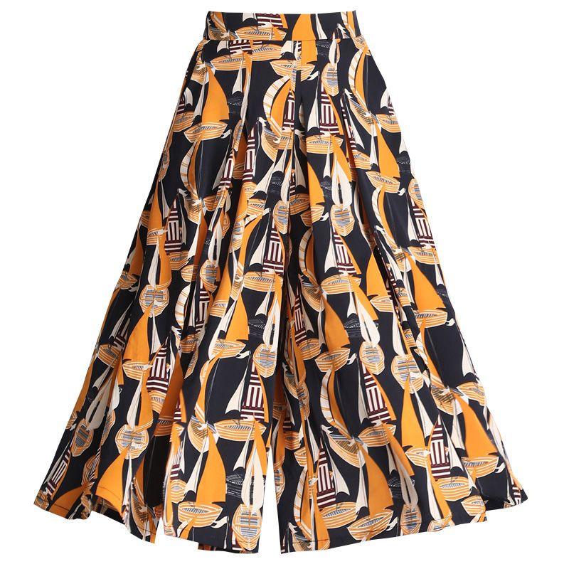 Summer Print Loose Floral Large Swing Open Leg Wide Leg Skirt High Waist Seven Inch Pants Big Foot Pants
