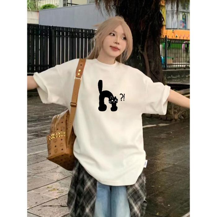 

Тяжелая хлопковая американская оверсайз футболка абрикосового цвета с мультяшным котом с коротким рукавом женская летняя свободная парная футболка тренд S