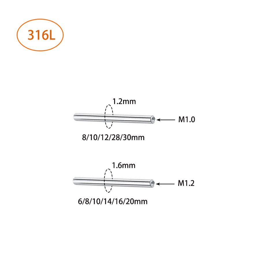 Aço Inoxidável 316L Rosca Interna Barra Reta Joia de Piercing para Orelha, Ponte, Língua e Cartilagem (1.2/1.6mm Espesso)